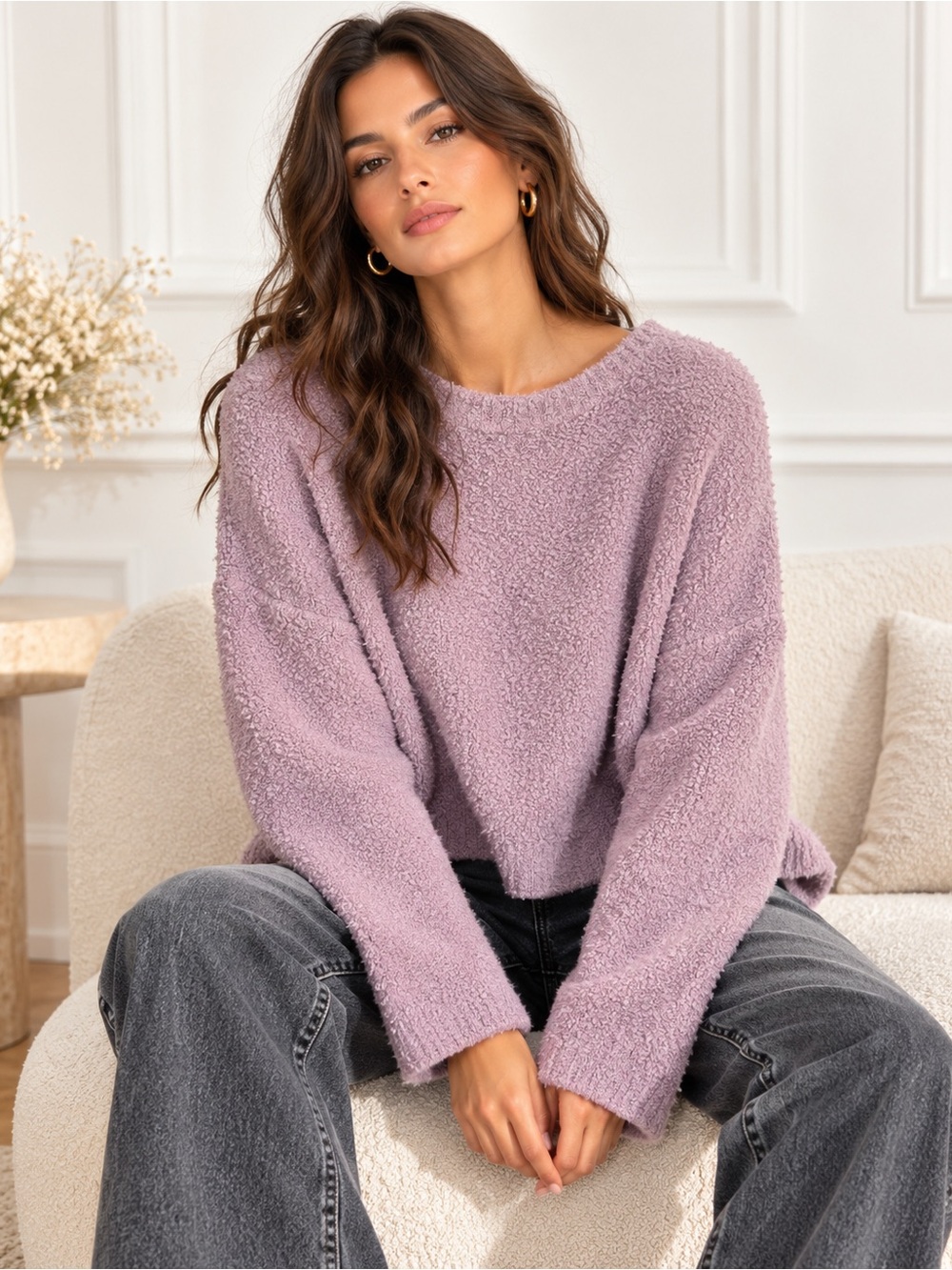 Eileen Fisher Lilac Organic Cotton Bouclé Boxy Cozy Oversized Sweater XL Autumn